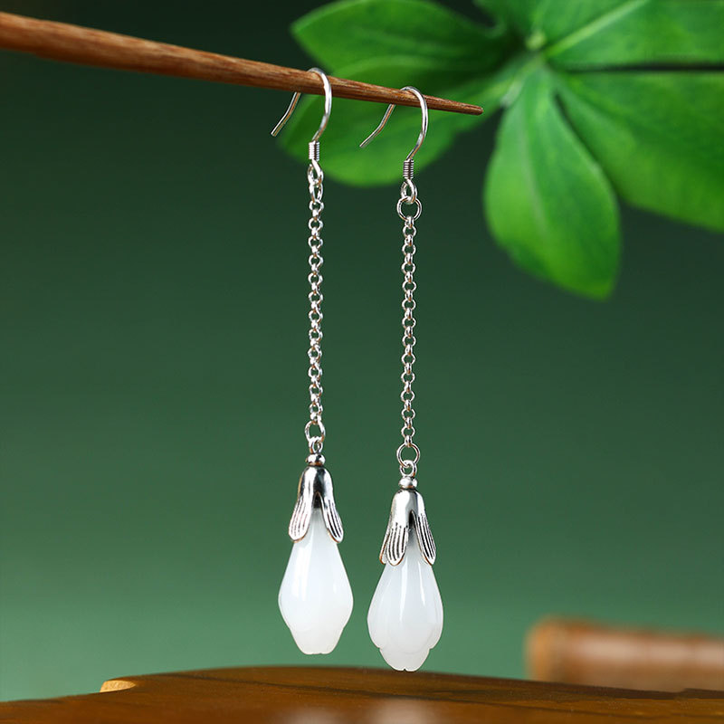 Luxury Gifts Jewelry & Watches Namfleg Mostar - White Real Jade Flower Earrings Stone