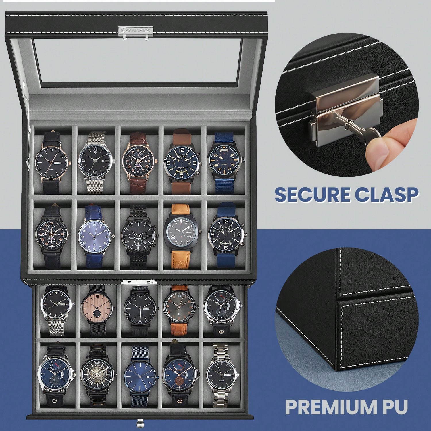 20-Slot Watch Box with Glass L - Jewelry And Watches Box recension och pris
